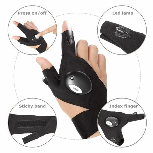 Victory Elite LED flashlight gloves with built-in lights, showing black gloves with illuminated LED fingertips for hands-free lighting.
