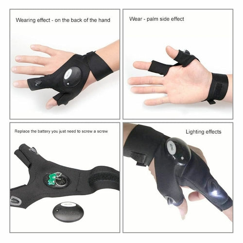 Victory Elite LED flashlight gloves with built-in lights, designed for versatile use in outdoor, repair, and emergency situations.
