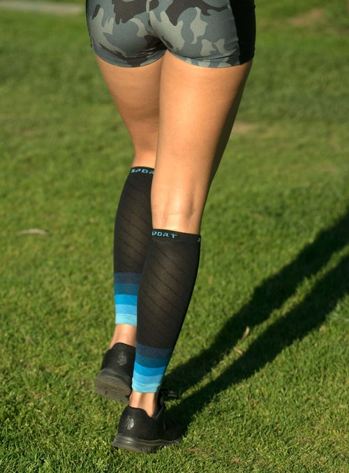 Victory Elite Endurance compression calf and leg sleeve for running and hiking, shown in black with reinforced design.