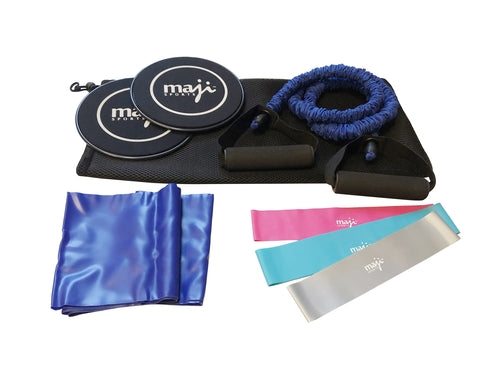 Victory Elite Home Fitness Bundle with resistance bands, dumbbells, and a yoga mat for full-body workouts.
