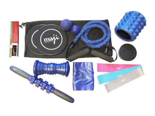 Victory Elite Fitness and Muscle Recovery Bundle with resistance bands, foam roller, and recovery tools on a workout mat.