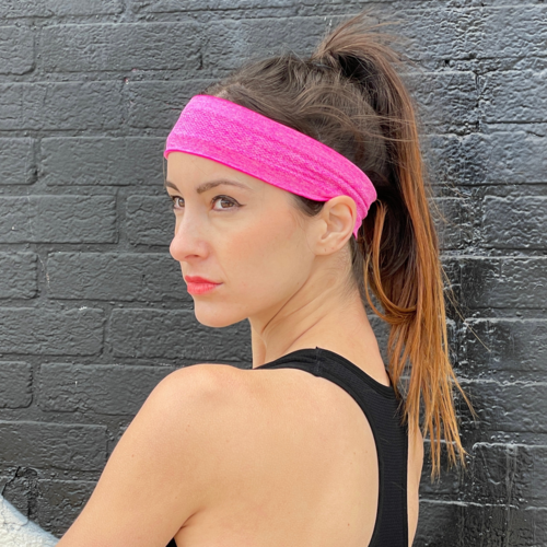 Pink Victory Elite Cardio Cross-Training Headband with moisture-wicking fabric and adjustable fit for workout comfort.