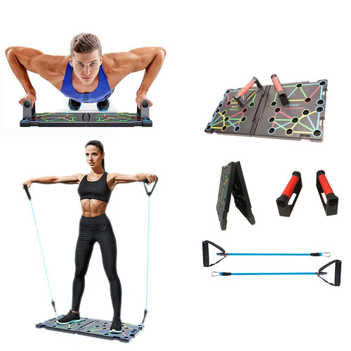 Victory Elite 9-in-1 push-up rack board system for versatile home gym workouts, showing multiple exercise positions and grips.