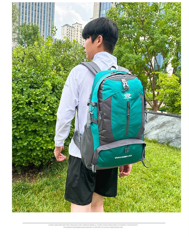 Victory Elite 50L outdoor hiking backpack with large capacity, double shoulder straps, suitable for mountain climbing and camping.