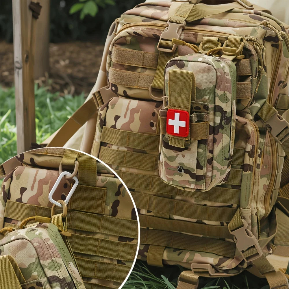 Victory Elite Tactical First Aid Kit with tourniquet in Molle pouch, ideal for camping, hiking, and emergency medical rescue gear.