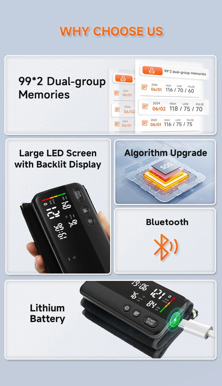 Victory Elite Bluetooth blood pressure monitor with large screen display, dual data storage, and portable upper arm design.