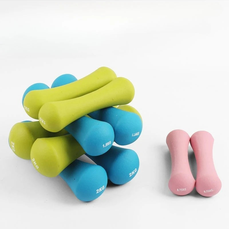 Victory Elite neoprene hand weights set with 2kg and 1kg ergonomic dumbbells for home gym, Pilates, and yoga workouts.
