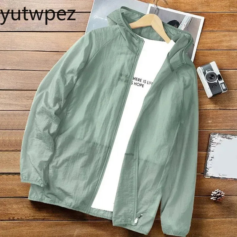 Victory Elite men's outdoor hiking jacket with hood, UV protection, breathable quick-dry fabric, perfect for summer outdoor activities.