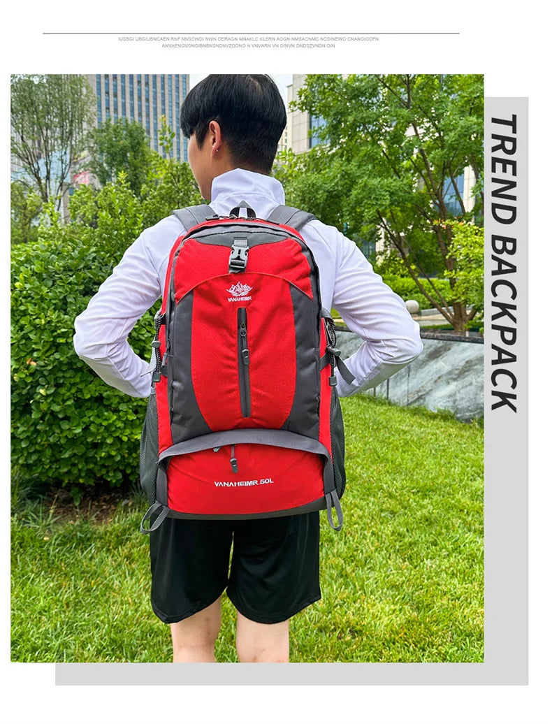Victory Elite 50L outdoor hiking backpack with large capacity, double-shoulder straps, suitable for mountain climbing and camping.