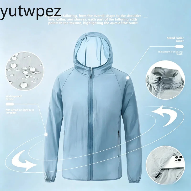 Victory Elite men's outdoor hiking jacket with hood, UV-protection, breathable quick-dry fabric, ideal for summer outdoor activities.