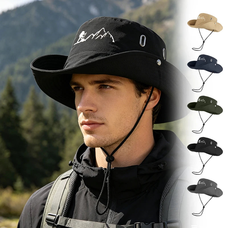 Hiker and Mountain Print Outdoor Bucket Hat: Wide-brimmed, breathable bucket hat with drawstring, perfect for hiking and camping