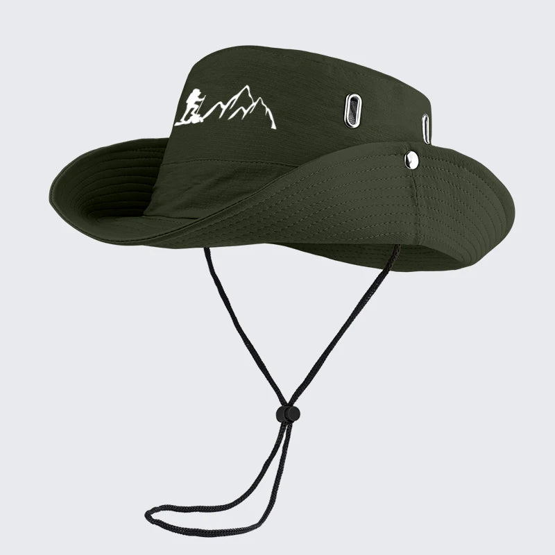 Hiker and Mountain Print Outdoor Bucket Hat: Wide-brimmed, breathable bucket hat with drawstring, perfect for hiking and camping