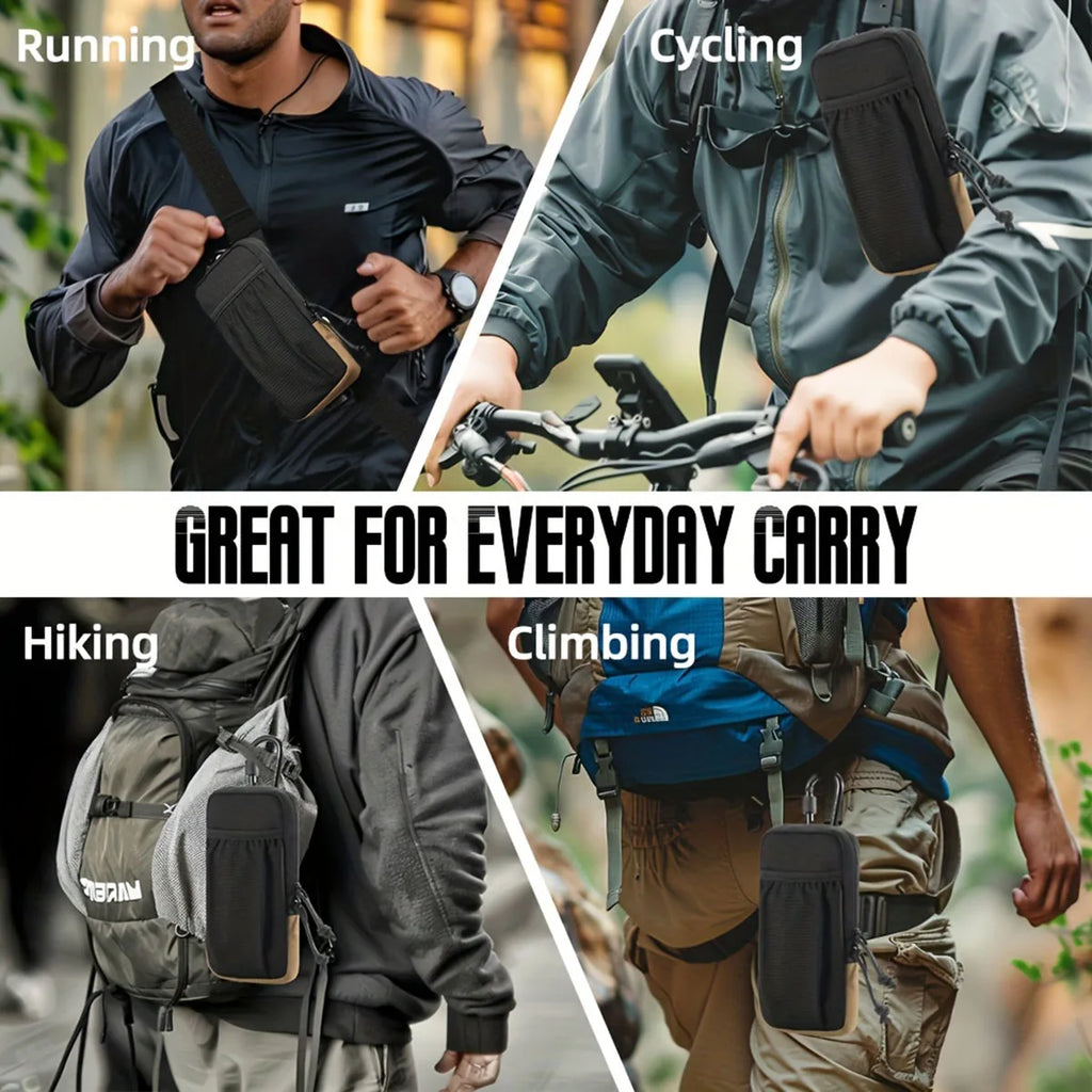 Victory Elite black outdoor mountaineering waist bag with mobile phone pocket, ideal for hiking and multi-functional outdoor activities.