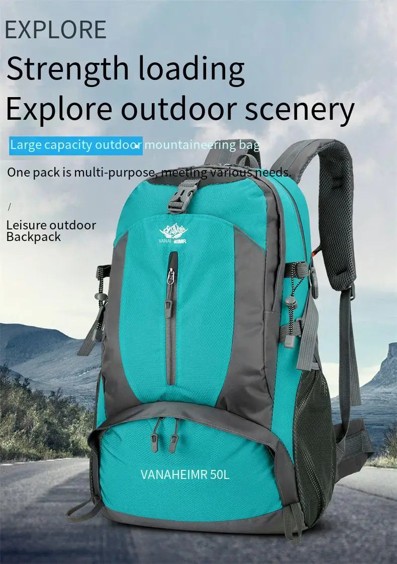 Victory Elite 50L outdoor hiking backpack with large capacity, double-shoulder straps, suitable for mountain climbing and camping.