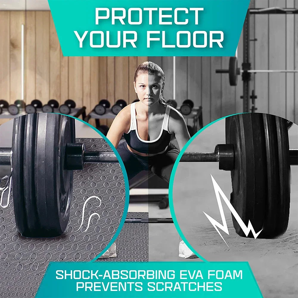 Victory Elite gym floor mat with anti-slip rubber surface, interlocking design, ideal for home workouts, weightlifting, and yoga.
