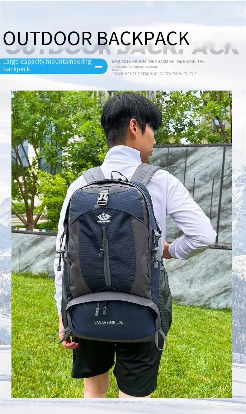 Victory Elite 50L outdoor hiking backpack with large capacity, double shoulder straps, suitable for mountain climbing and camping.