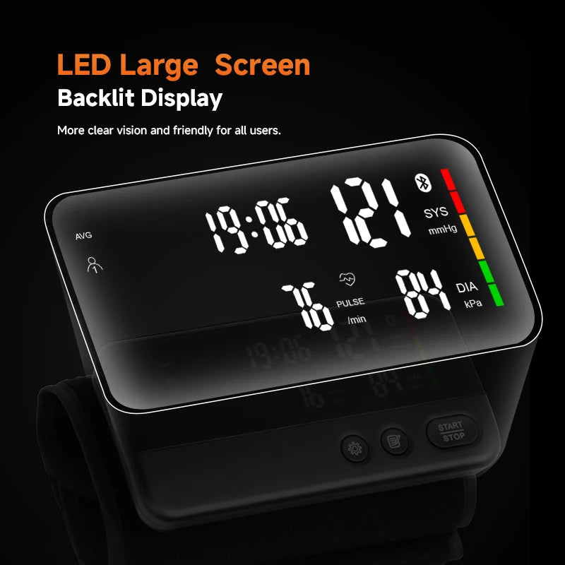 Victory Elite Bluetooth blood pressure monitor with large screen display, data storage, and portable upper arm design.