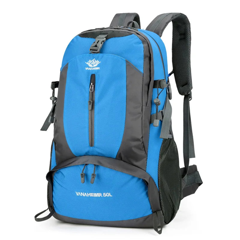 Victory Elite 50L outdoor hiking backpack with large capacity, double shoulder straps, ideal for mountain climbing and camping.