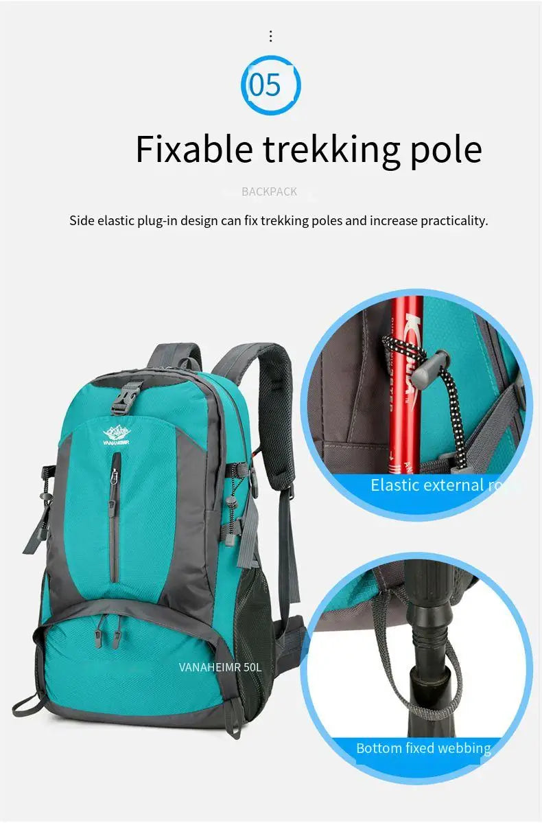 Victory Elite 50L outdoor hiking backpack with large capacity, double shoulder straps, suitable for mountain climbing and camping.