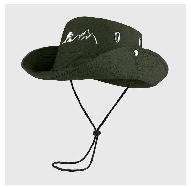 Victory Elite hiker and mountain print outdoor bucket hat with wide brim and drawstring, ideal for hiking and camping adventures.