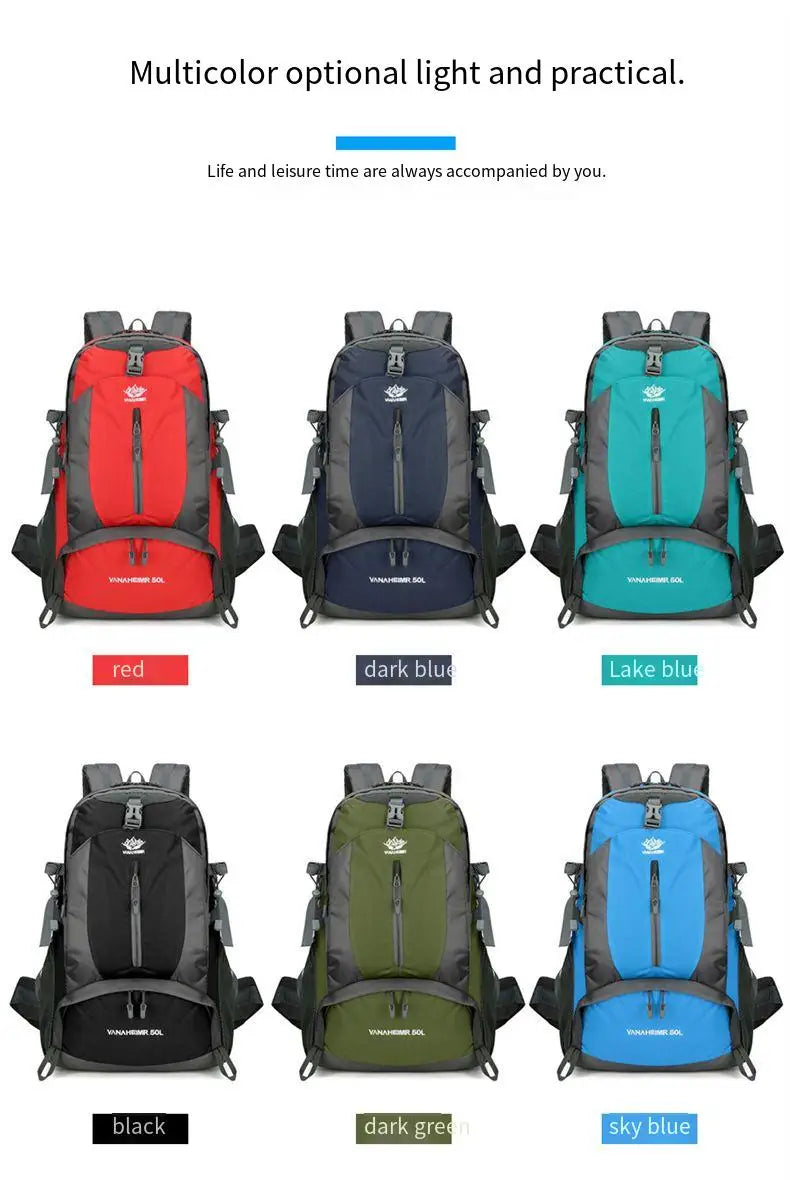 Victory Elite 50L outdoor hiking backpack with large capacity, double shoulder straps, suitable for mountain climbing and camping.