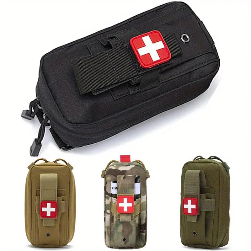 Victory Elite tactical first aid kit with tourniquet in a Molle pouch, suitable for camping, hiking, and emergency survival situations.