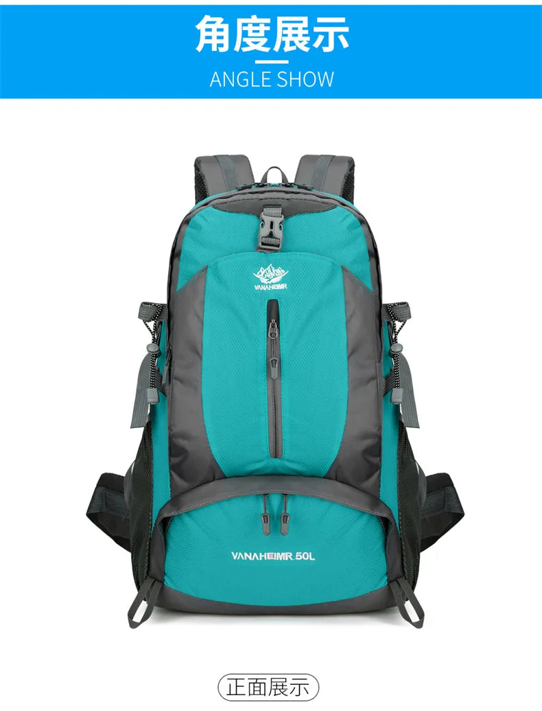 Victory Elite 50L outdoor hiking backpack with large capacity, double shoulder straps, suitable for mountain climbing and camping.