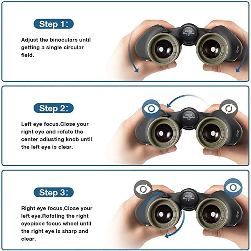 Victory Elite 20x50 waterproof binoculars with night vision, ideal for hunting, stargazing, and outdoor travel, shown in use.