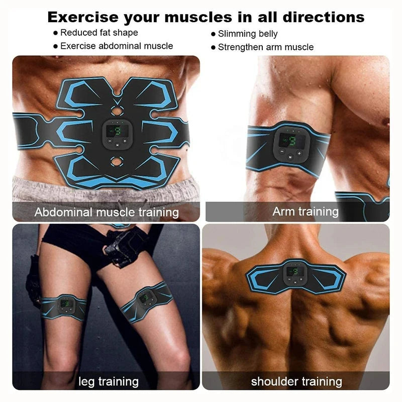 Victory Elite electric abdominal muscle stimulator belt for fitness, showing the rechargeable EMS trainer with control panel and belt design.