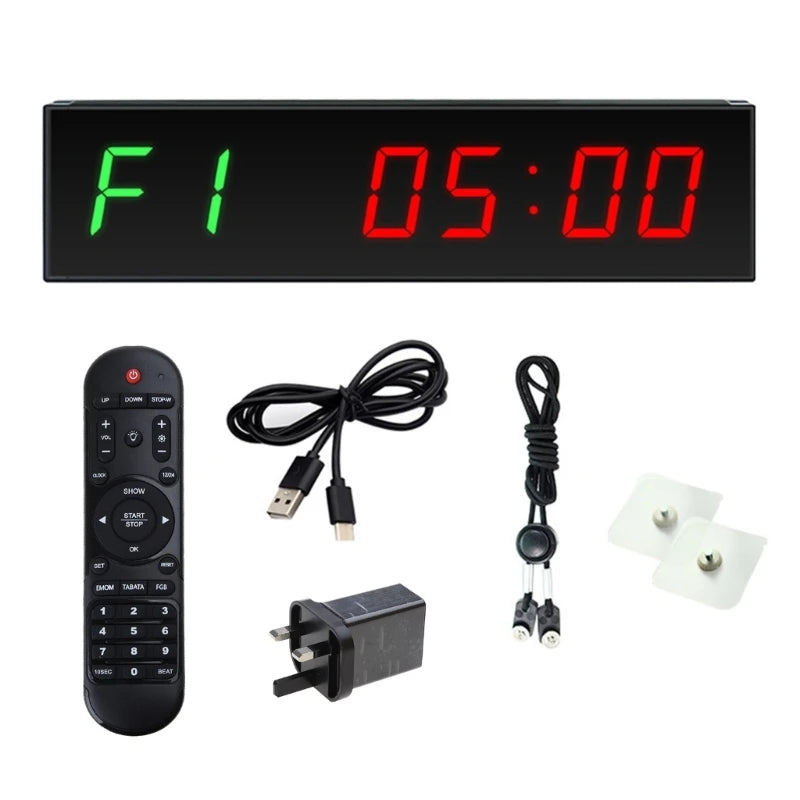 Victory Elite gym timer with clear LED display, interval clock, countdown, stopwatch, and remote control for wall-mounted workouts.