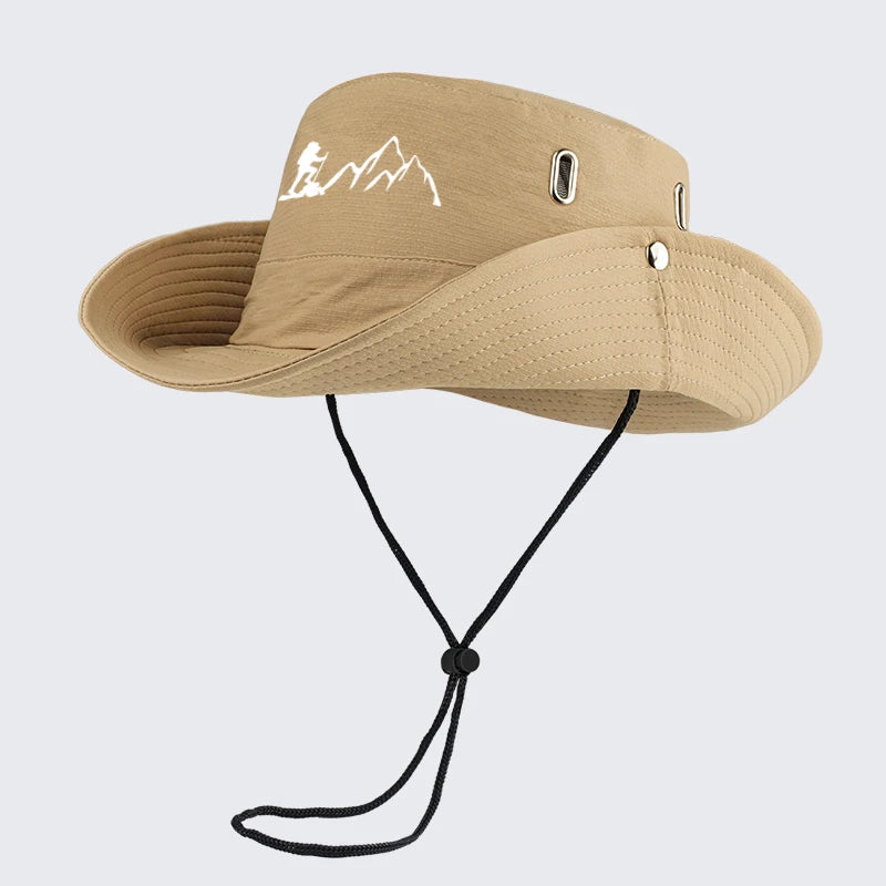 Hiker and Mountain Print Outdoor Bucket Hat: Wide-brimmed, breathable bucket hat with drawstring, perfect for hiking and camping