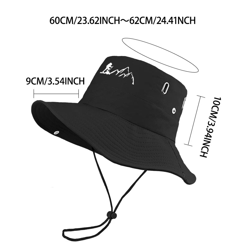 Hiker and Mountain Print Outdoor Bucket Hat: Wide-brimmed, breathable bucket hat with drawstring, perfect for hiking and camping