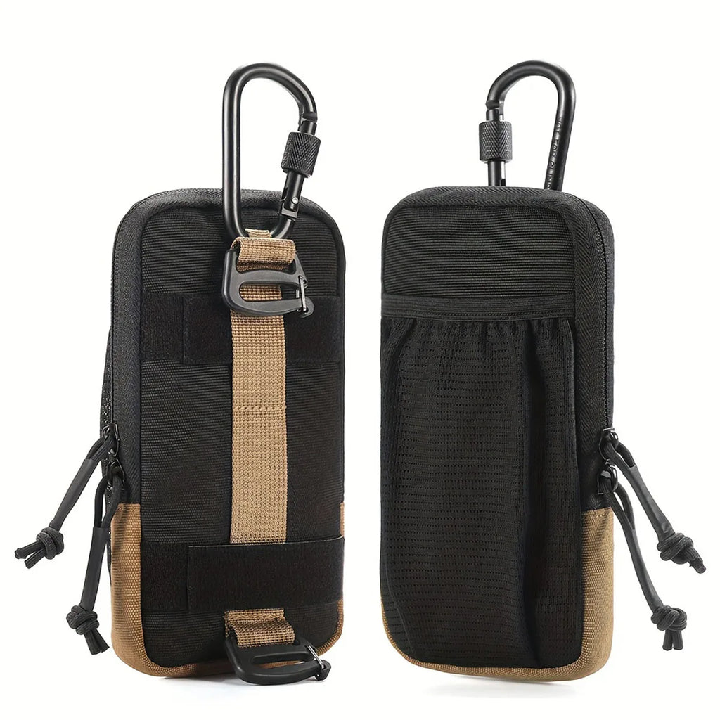 Victory Elite black outdoor mountaineering waist bag with multiple compartments, ideal for hiking, outdoor sports, and phone storage.