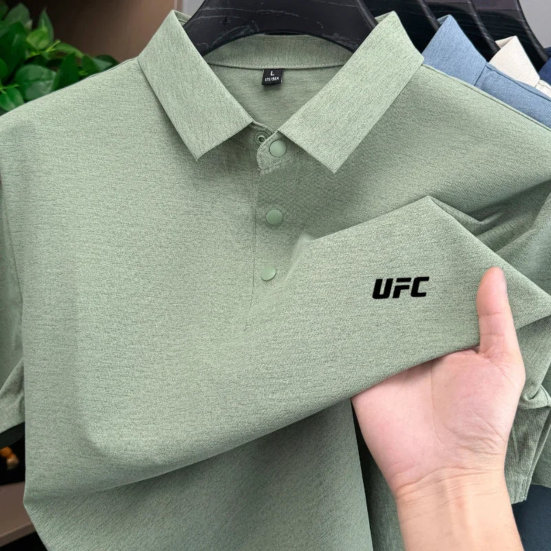 Victory Elite men's short sleeve polo shirt with letter print, breathable casual summer top in solid color, comfortable and cool.