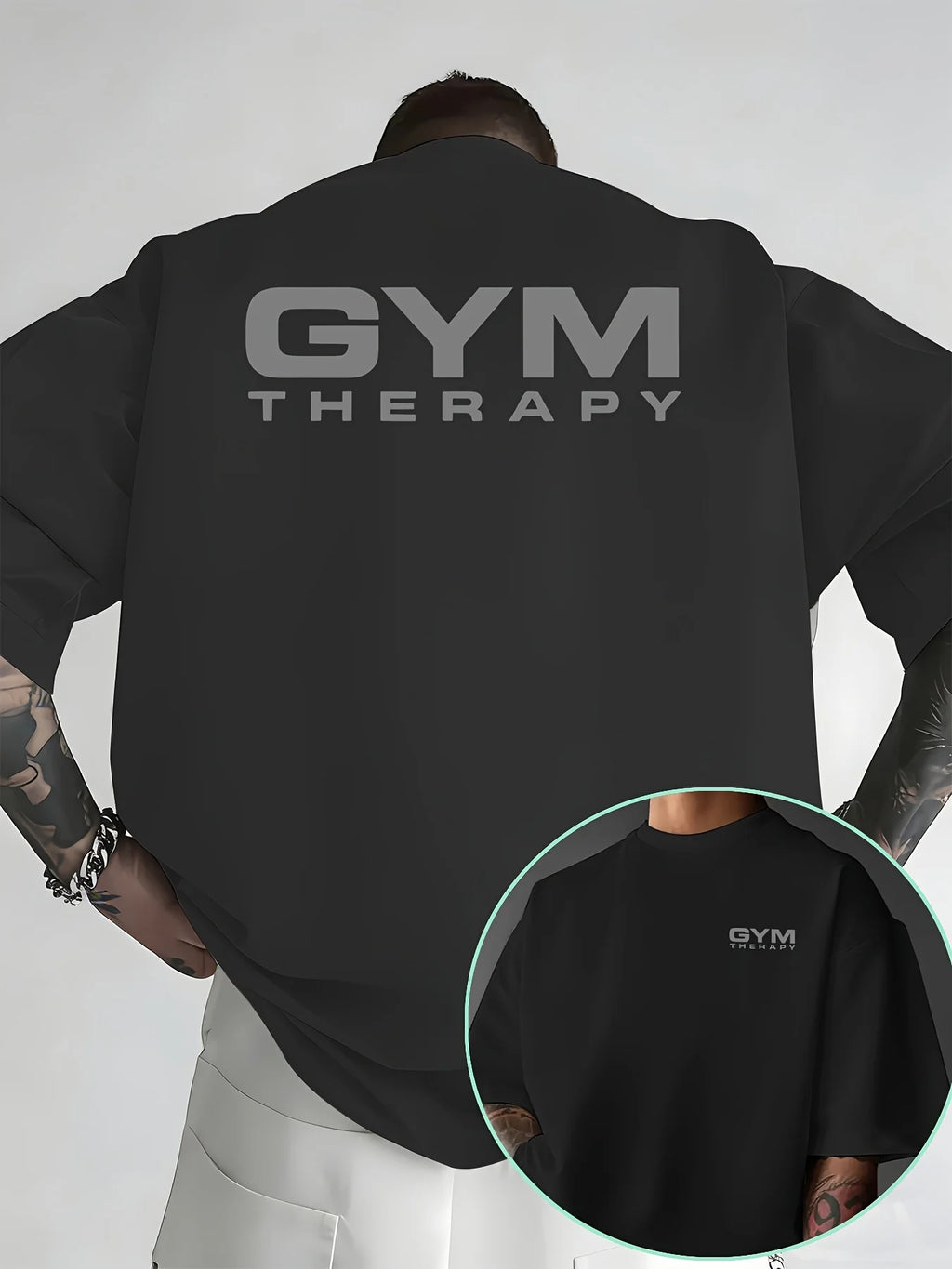 Victory Elite Gym Therapy minimalist print on a white men's cotton T-shirt, ideal for summer workouts and casual streetwear.
