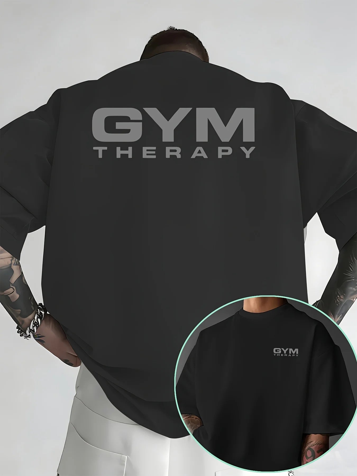 Victory Elite Gym Therapy minimalist print on a white men's cotton T-shirt, ideal for summer workouts and casual streetwear.