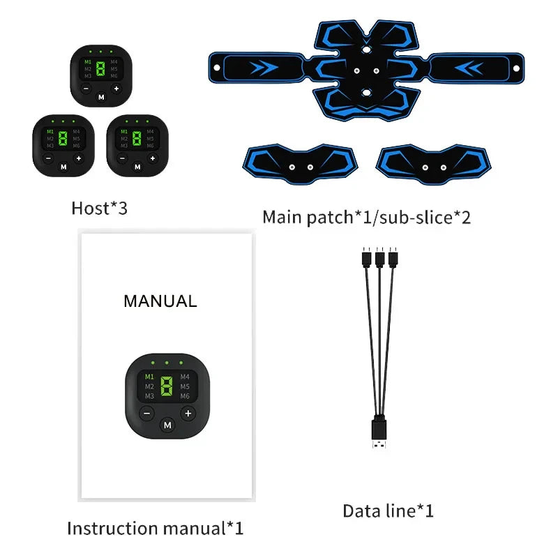 Victory Elite EMS Trainer Belt showing a rechargeable electric abdominal muscle stimulator for body massage and muscle training.