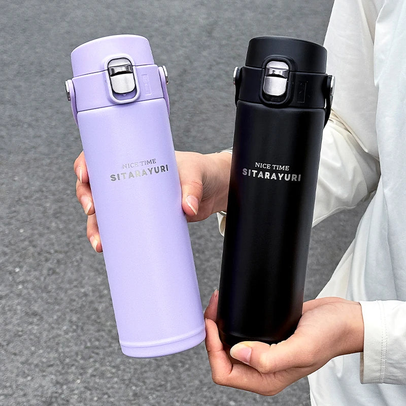 Victory Elite stainless steel vacuum flask with 500ml capacity, insulated water bottle featuring a wide handle and pop-up drinking spout.