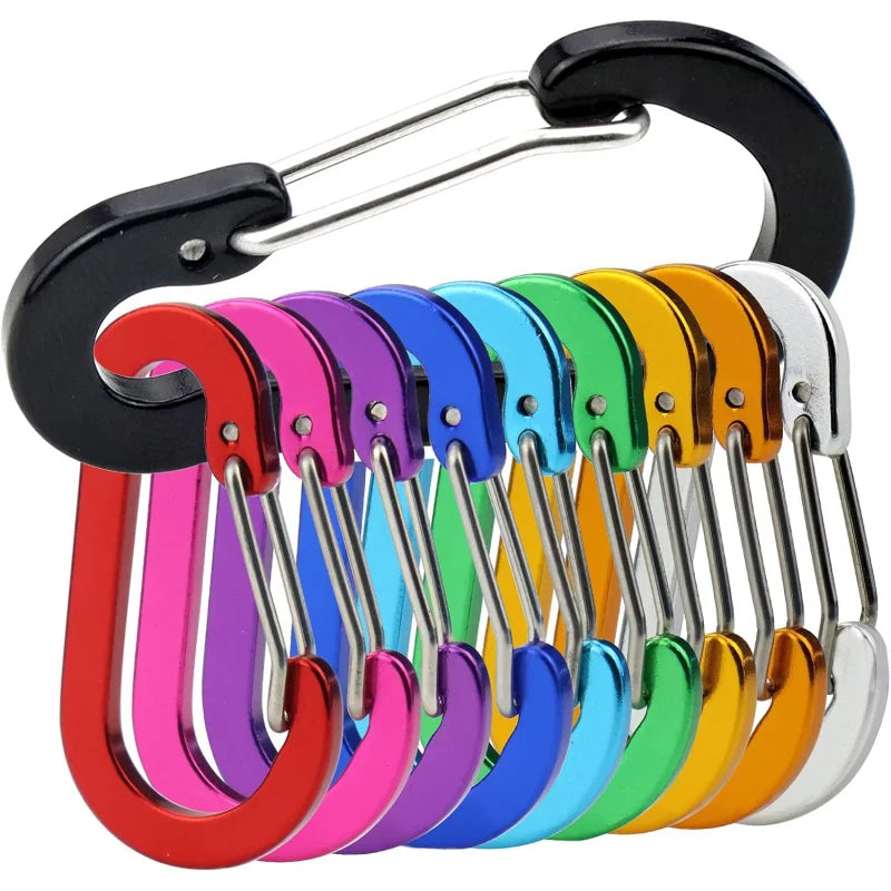 Set of 10 lightweight aluminum mini carabiner clips with D-shape, spring-loaded for keychains, climbing, fishing, and outdoor activities.