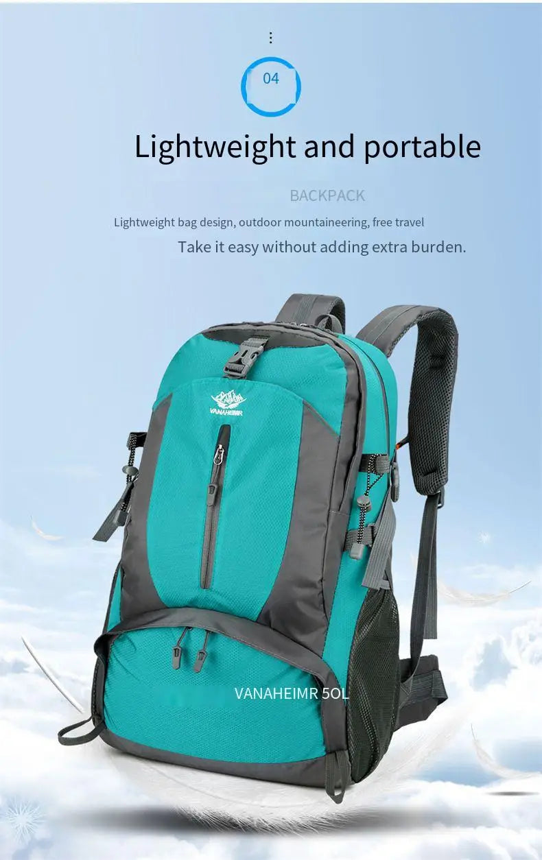 Victory Elite 50L outdoor hiking backpack with large capacity, double-shoulder straps, suitable for mountain climbing and camping.