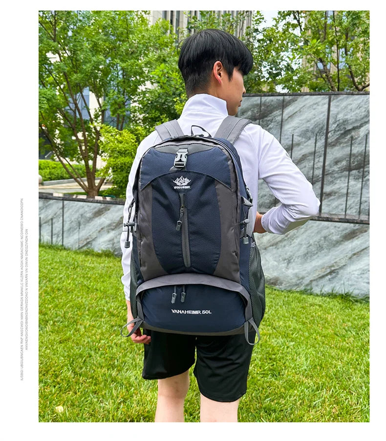 Victory Elite 50L outdoor hiking backpack with large capacity, double shoulder straps, suitable for mountain climbing and camping.