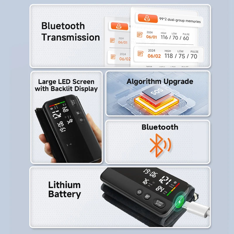 Victory Elite Bluetooth blood pressure monitor with large screen display, data storage, and portable upper arm design.