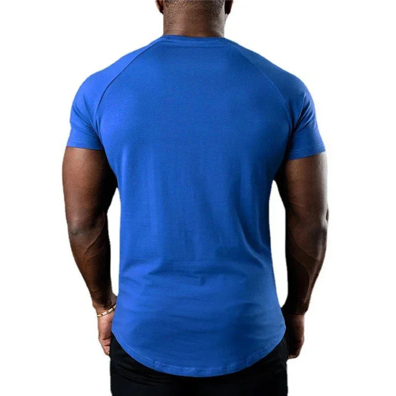 Victory Elite men's short sleeve cotton jogging shirt designed for bodybuilding and fitness, breathable casual workout clothing.