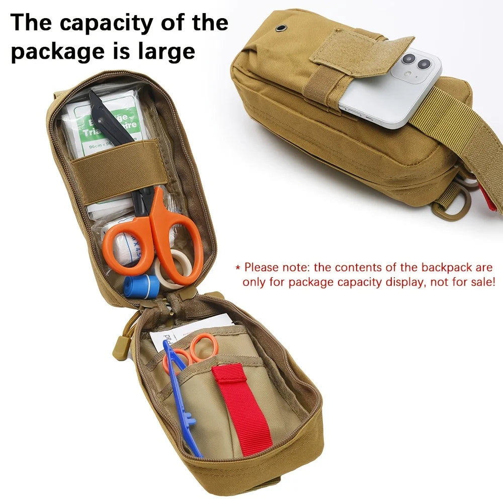 Victory Elite tactical first aid kit with tourniquet in Molle pouch, suitable for camping, hiking, and emergency rescue situations.