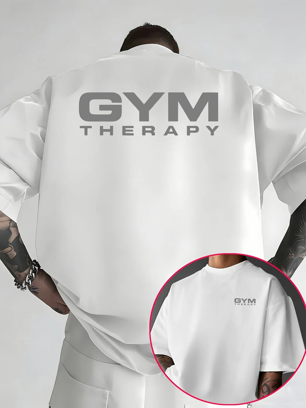 Victory Elite Gym Therapy minimalist print on white men's cotton T-shirt, ideal for summer workouts and casual streetwear.