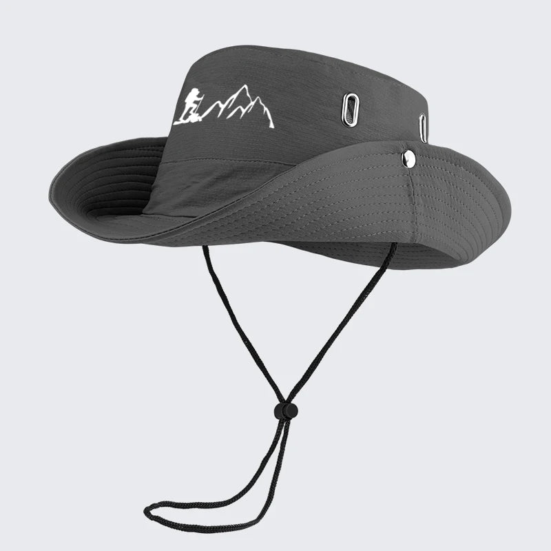 Hiker and Mountain Print Outdoor Bucket Hat: Wide-brimmed, breathable bucket hat with drawstring, perfect for hiking and camping