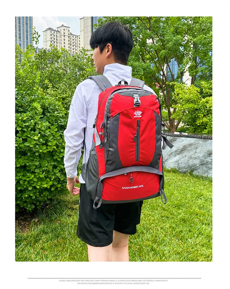 Victory Elite 50L outdoor hiking backpack with large capacity, double shoulder straps, suitable for mountain climbing and camping.
