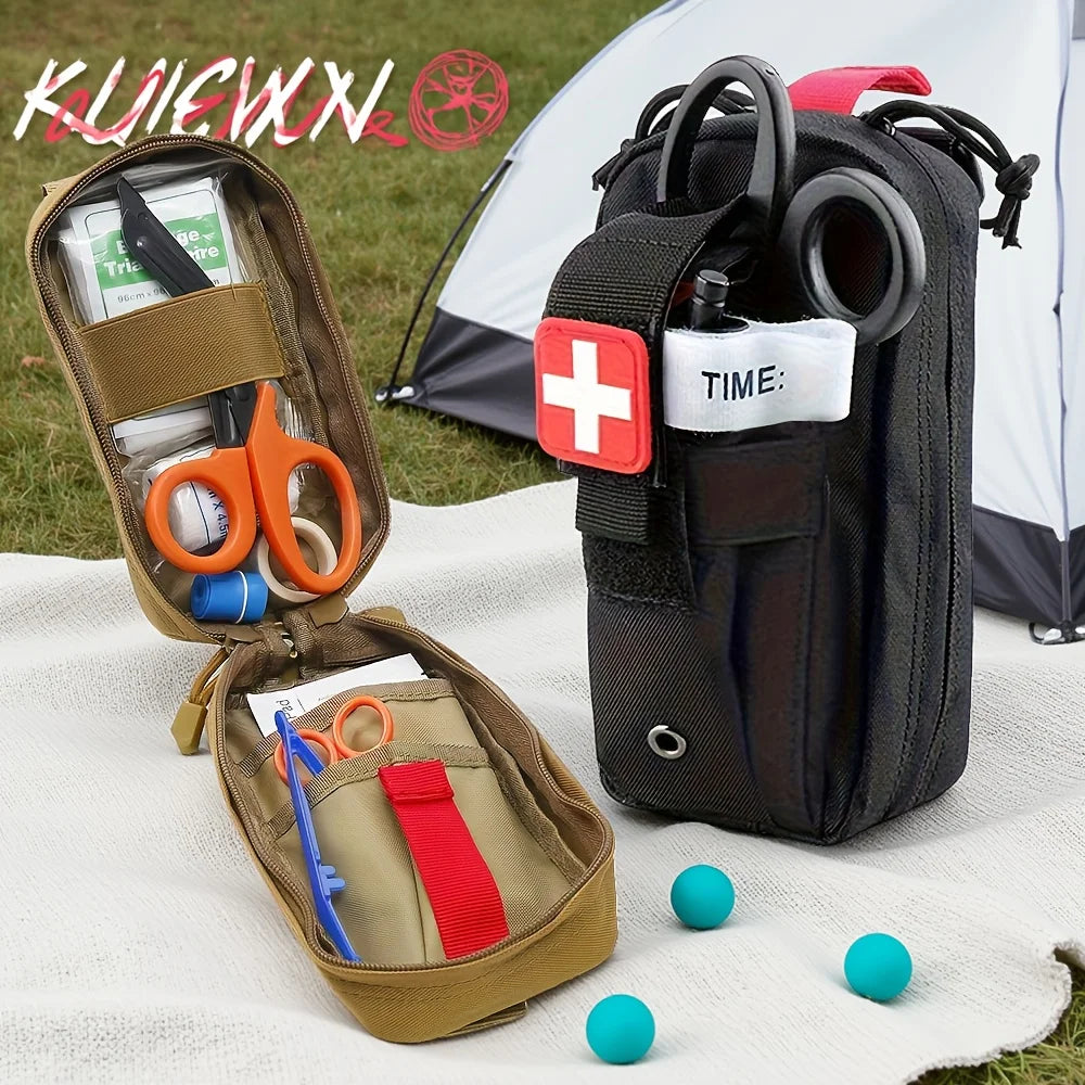 Victory Elite tactical first aid kit with tourniquet in Molle pouch, ideal for camping, hiking, and emergency survival preparedness.