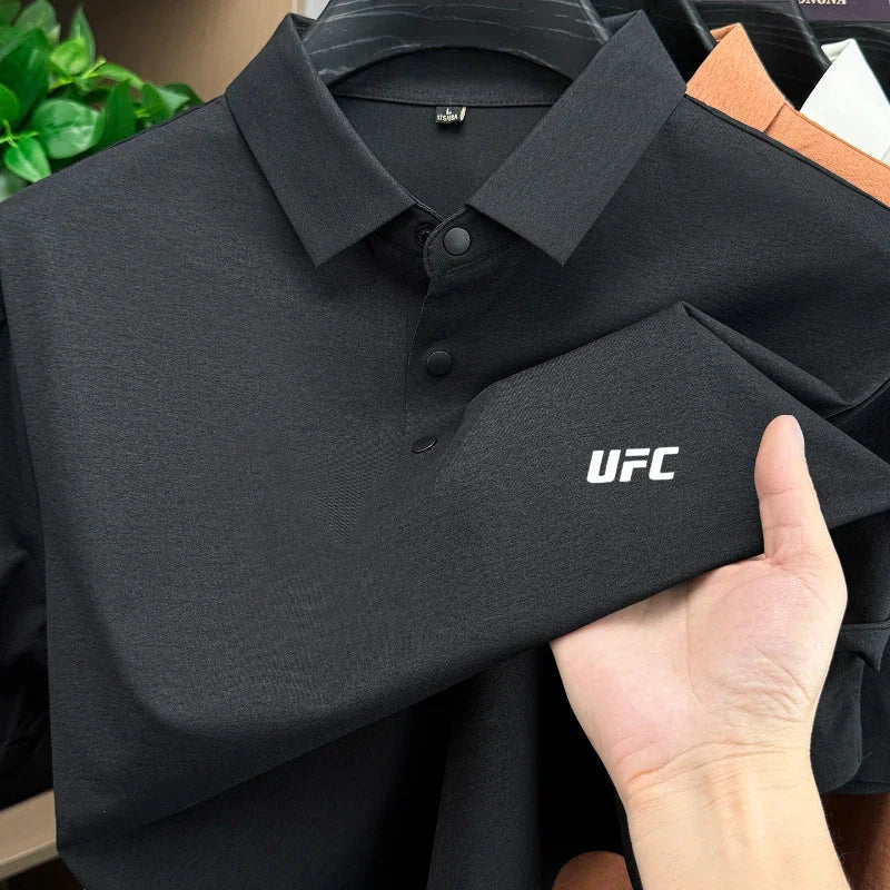 Victory Elite men's short sleeve polo shirt with brand letter print, breathable fabric, casual solid color summer top.