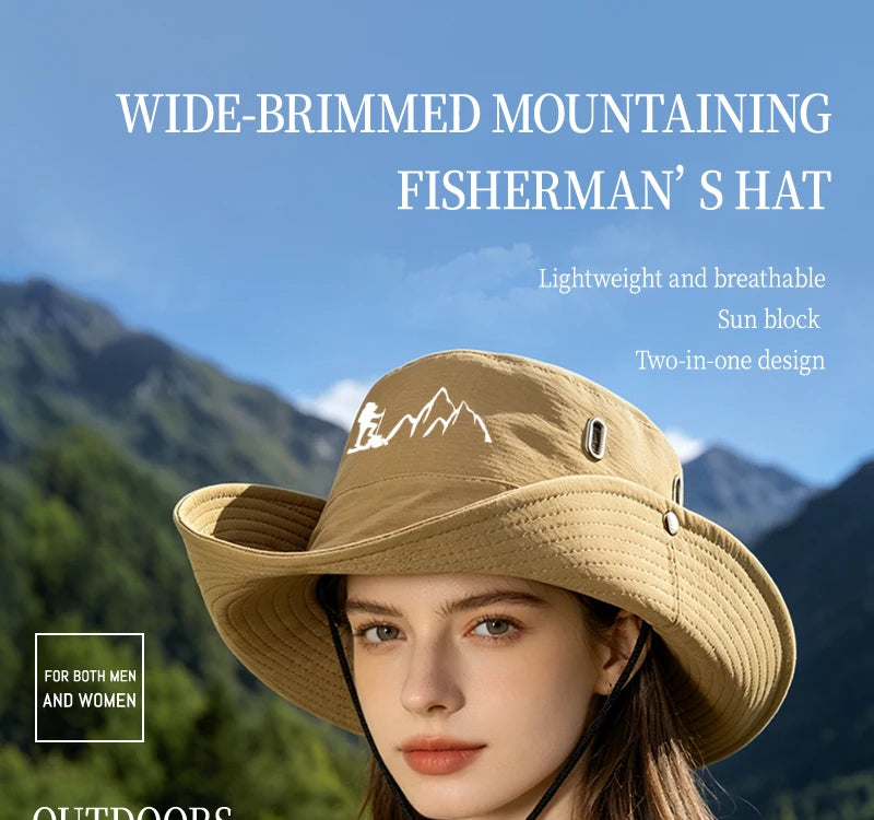 Hiker and Mountain Print Outdoor Bucket Hat: Wide-brimmed, breathable bucket hat with drawstring, perfect for hiking and camping
